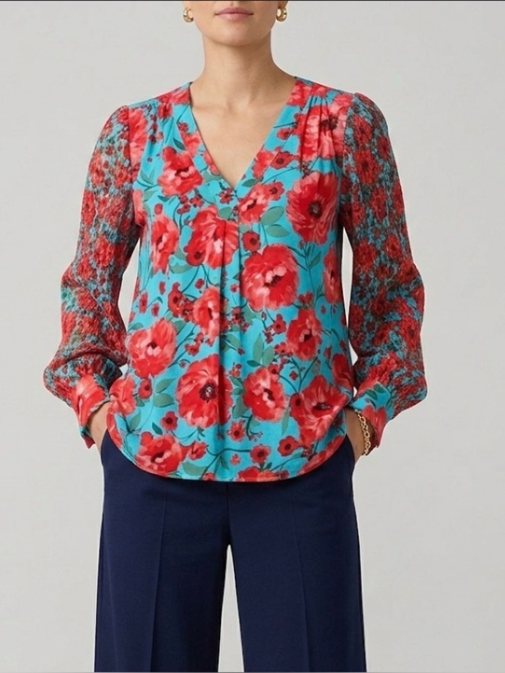 Isaac Mizrahi Bold Floral Print Blouse With Lace Sleeves
